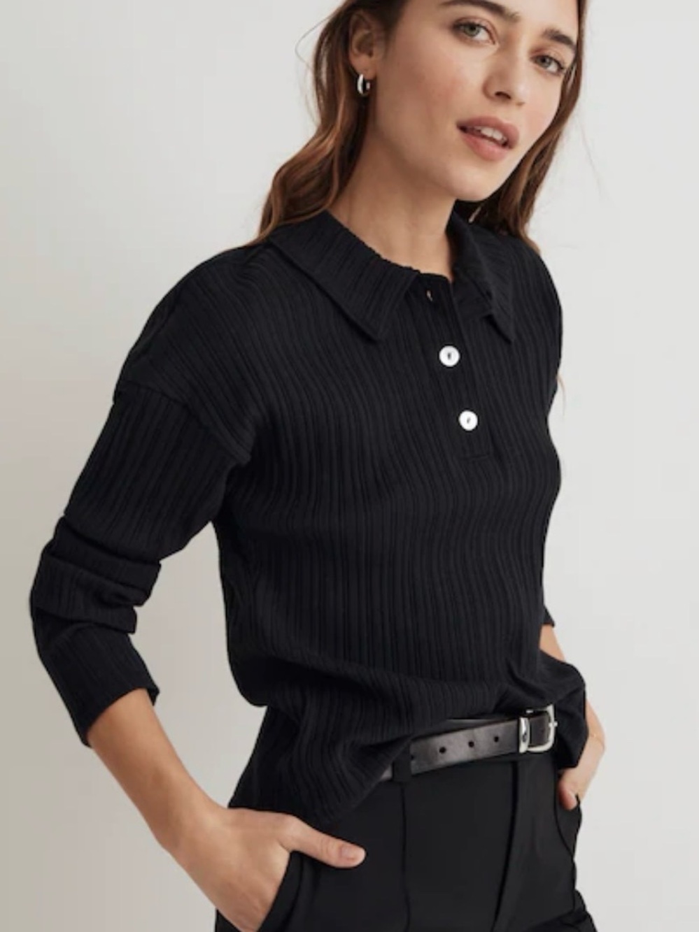 Madewell Black Pleated Polo Crewneck Sweater